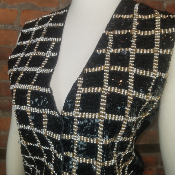 VTG Women's Vest Black w/Sequins Beads Pearls on F - Picture 3 of 6